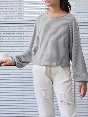 SweatyRocks Girl's Long Sleeve Ribbed T Shirt Round Neck Loose Pullover Tops Khaki 11Y in Kuwait