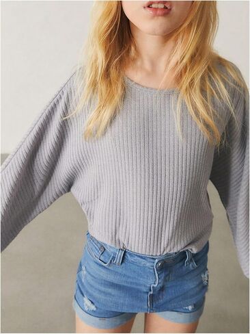 SweatyRocks Girl's Long Sleeve Ribbed T Shirt Round Neck Loose Pullover Tops Khaki 11Y in Kuwait