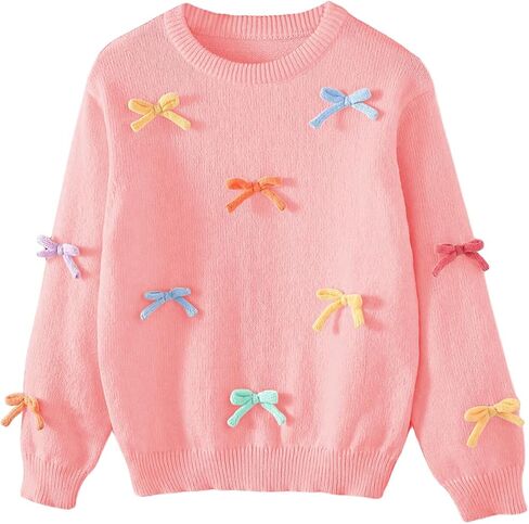 WDIRARA Girl's Bow Crew Neck Sweater Long Sleeve Drop Shoulder Knitwear Cozy Pullover Top in Saudi Arabia