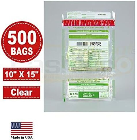 100 Cashier Depot Tamper Evident Bank Deposit Bags, 10" x 15" Clear, Twin Pockets, Serialized Numbering, Barcode, Press & Seal Void Closure Tape in Saudi Arabia