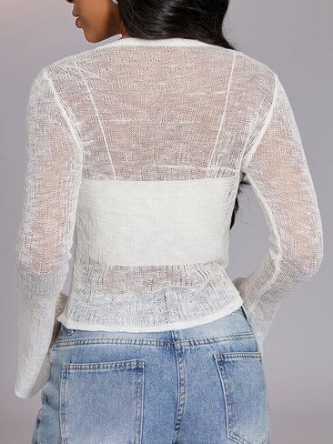 SHENHE Women's Sheer Swimsuit Cover Up Bell Sleeve Lightweight Crochet Knit Sweater Crop Tops in Saudi Arabia