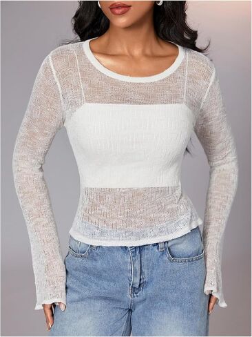 SHENHE Women's Sheer Swimsuit Cover Up Bell Sleeve Lightweight Crochet Knit Sweater Crop Tops in Saudi Arabia