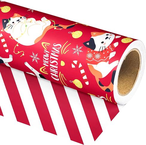 Vnaaem Reversible Christmas Wrapping Paper Roll - 17 Inches X 33 Feet - for Girls Pink Santa Claus and Unicorn Pink and White Stripe Pattern Great for Holiday in Saudi Arabia