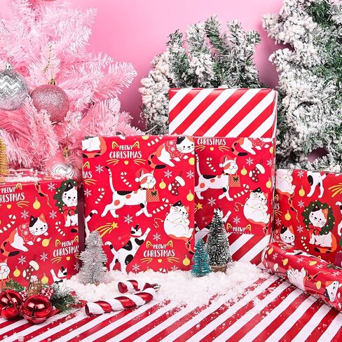 Vnaaem Reversible Christmas Wrapping Paper Roll - 17 Inches X 33 Feet - for Girls Pink Santa Claus and Unicorn Pink and White Stripe Pattern Great for Holiday in Saudi Arabia
