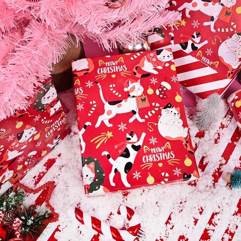 Vnaaem Reversible Christmas Wrapping Paper Roll - 17 Inches X 33 Feet - for Girls Pink Santa Claus and Unicorn Pink and White Stripe Pattern Great for Holiday in Saudi Arabia