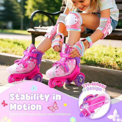 Kids Roller Skates for Beginners - ZOOBLISS 4 Adjustable Sizes Tri-Wheel Skates for Girls and Boys Ages 3-7, Toddler Roller Skates with Light-Up Wheels in Saudi Arabia