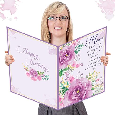 Jumbo Happy Birthday Card for Mom with Envelope Mother Birthday Greeting Card Gift from Son Daughter Guest Book Signature for Mom Birthday Big Shaped Jumbo Floral Card 14 x 21.26 inch in Kuwait