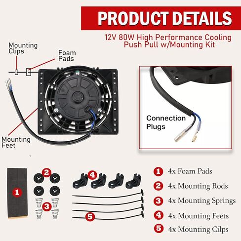 2PCS 12 Inch Universal Slim Fan Push Pull Electric Radiator Cooling 12V 80W Mount Kit Black in Kuwait