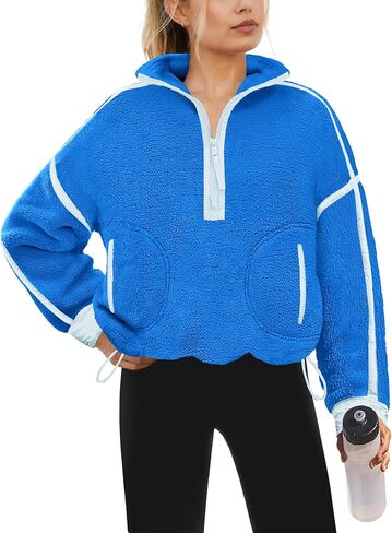 Yanekop Womens Half Zip Sherpa Pullover Cropped Fleece Sweatshirts Athletic Fleece Zip Up Fuzzy Sweater Jacket (Blue Mixed,M) in Kuwait