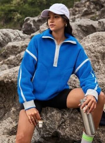 Yanekop Womens Half Zip Sherpa Pullover Cropped Fleece Sweatshirts Athletic Fleece Zip Up Fuzzy Sweater Jacket (Blue Mixed,M) in Kuwait