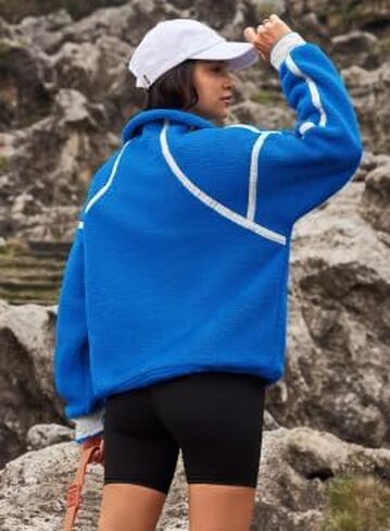 Yanekop Womens Half Zip Sherpa Pullover Cropped Fleece Sweatshirts Athletic Fleece Zip Up Fuzzy Sweater Jacket (Blue Mixed,M) in Kuwait