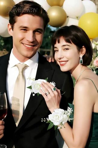 بوتونيير وصدرية معصم باللون البرتقالي الوردي لحفلات الزفاف (مجموعة من 2)، سوار معصم للحفلات الراقصة لحفلات الزفاف، والحفلات الراقصة، والذكرى السنوية، والتخرج، إلخ. in Kuwait