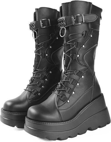 Gothniero Women Black Platform Goth Boots Mid Calf with Heel Knee High Boots Winter Chunky Heel Punk Rave Boots Girls Lace Up Combat Booties Size 5.5-11 in Kuwait