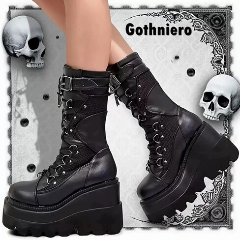 Gothniero Women Black Platform Goth Boots Mid Calf with Heel Knee High Boots Winter Chunky Heel Punk Rave Boots Girls Lace Up Combat Booties Size 5.5-11 in Kuwait