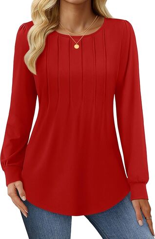 YUCOLEN Long Sleeve Shirts for Women Tunic Tops for Leggings Pleated Scoop Neck Puff Sleeve Blouses Dressy Casual S-XXL in Kuwait