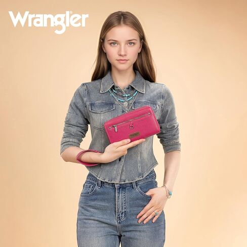Montana West X Wrangler Large Capacity Women Wristlet Dual Zipper Wallet with Id Window and Smooth Metal Zipper in Kuwait