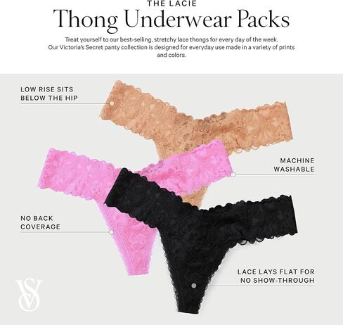 Victoria's Secret Women's Lace Thong Underwear, Panties for Women, Multi Pack, Bows Mix (M) in Kuwait