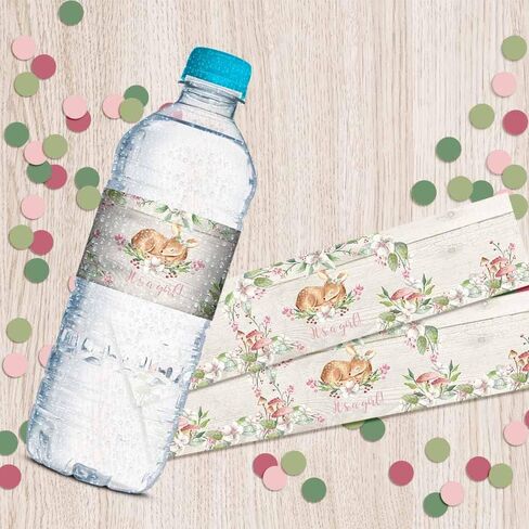 Watercolor Pink Dahlia Giraffe It's a Girl Baby Shower Waterproof Water Bottle Sticker Wrappers 20 Wrap Around Labels Sized 1.75" x 8.5" by AmandaCreation in Saudi Arabia