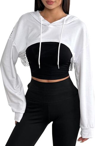 Remidoo Womens Cropped Hoodie Fishnet Long Sleeve Crop Top Hollow Out Drawstring Sweatshirt in Kuwait