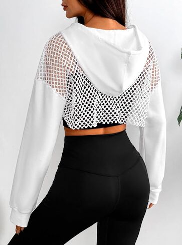 Remidoo Womens Cropped Hoodie Fishnet Long Sleeve Crop Top Hollow Out Drawstring Sweatshirt in Kuwait