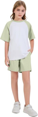 Flygo Boys Girls Short Pants Sets 2 Piece Raglan Crewneck Shirts Baseball Tee and Athletic Shorts Kids Active Summer Outfits in Saudi Arabia