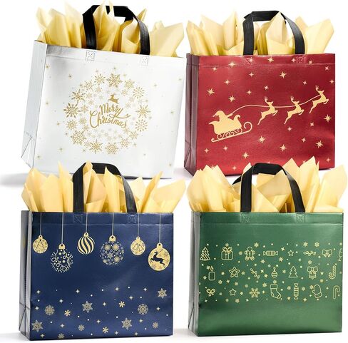 YANGTE 20 Pack Christmas Gift Bags Assorted Sizes With Handle, Non-Woven Christmas Tote Bags for Gifts Wrapping (4 Extra Large, 8 Large, 8 Medium) in Saudi Arabia