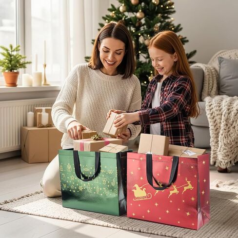 YANGTE 20 Pack Christmas Gift Bags Assorted Sizes With Handle, Non-Woven Christmas Tote Bags for Gifts Wrapping (4 Extra Large, 8 Large, 8 Medium) in Saudi Arabia
