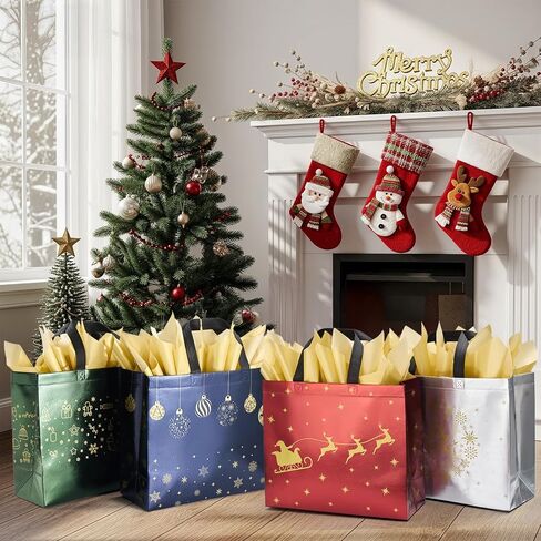 YANGTE 20 Pack Christmas Gift Bags Assorted Sizes With Handle, Non-Woven Christmas Tote Bags for Gifts Wrapping (4 Extra Large, 8 Large, 8 Medium) in Saudi Arabia