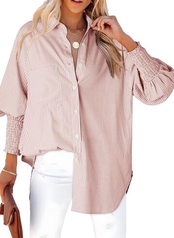 Dokotoo Womens Tops Trendy V Neck Long Sleeve Button Down Shirts Casual Oversized Striped Blouses Tops in Saudi Arabia