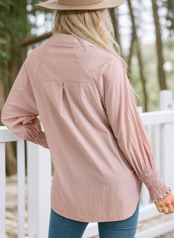 Dokotoo Womens Tops Trendy V Neck Long Sleeve Button Down Shirts Casual Oversized Striped Blouses Tops in Saudi Arabia