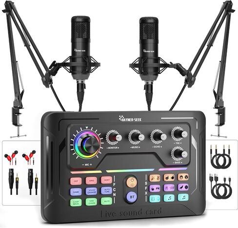 Podcast Equipment Bundle for 2, Audio Mixer with 3.5mm Podcast Microphone, Bluetooth, voice change DJ Mixer for Live Streaming Singing Gaming in Kuwait