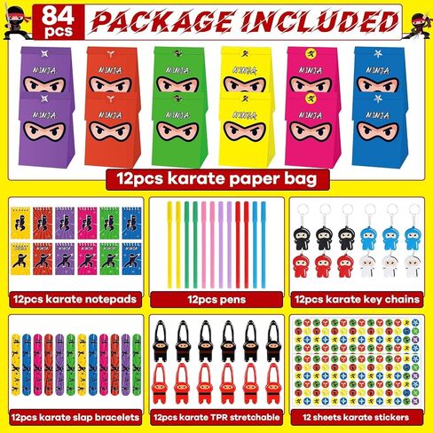 ZOIIWA 84pcs Karate Party Favor Set: Red & Black Karate Paper Bag, Notepad, Pen, Slap Bracelets, Key Chain, TPR Stretchy Toys, Stickers for Boys & Girls Birthday, Classroom Activities in Kuwait