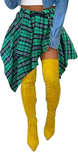 Womens Plaid Skirts Elastic High Waist Tie Front Asymmetrical Hem Pleated Mini Skirt in Saudi Arabia