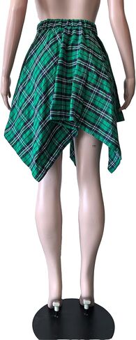 Womens Plaid Skirts Elastic High Waist Tie Front Asymmetrical Hem Pleated Mini Skirt in Saudi Arabia