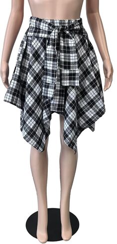 Womens Plaid Skirts Elastic High Waist Tie Front Asymmetrical Hem Pleated Mini Skirt in Saudi Arabia