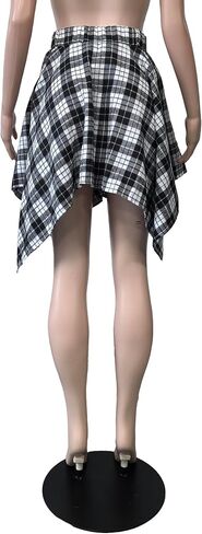 Womens Plaid Skirts Elastic High Waist Tie Front Asymmetrical Hem Pleated Mini Skirt in Saudi Arabia