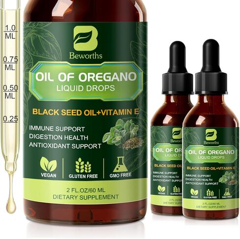 B BEWOTHS Oregano Oil Drops, Oil of Oregano with Black Seed Oil, Vitamin E, Wild Harvest Oil of Oregano Liquid Herbal Blend for Immune, Antioxidant, Digestive Gut Cleanser, Kidney Health Support-Vegan in Kuwait