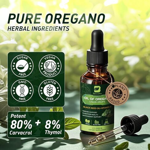 B BEWOTHS Oregano Oil Drops, Oil of Oregano with Black Seed Oil, Vitamin E, Wild Harvest Oil of Oregano Liquid Herbal Blend for Immune, Antioxidant, Digestive Gut Cleanser, Kidney Health Support-Vegan in Kuwait