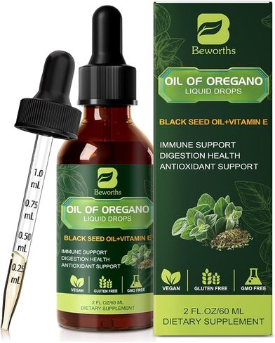 B BEWOTHS Oregano Oil Drops, Oil of Oregano with Black Seed Oil, Vitamin E, Wild Harvest Oil of Oregano Liquid Herbal Blend for Immune, Antioxidant, Digestive Gut Cleanser, Kidney Health Support-Vegan in Kuwait