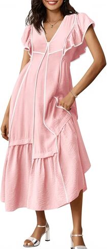 Wenrine Womens Summer V Neck Midi Dress Casual Ruffle Sleeve Contrast Color Loose Fit Flowy Long Dresses in Kuwait