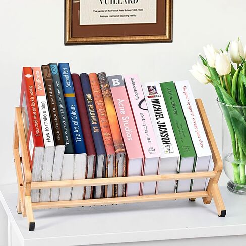 Bamboo Desktop Bookshelf ، منظم رفك المكتب المكتبي الرجعية ، رف الكتب من الطاولة ، رفوف حامل المجلات الكبيرة للمكتب المنزلي ، مائلة للكتب لمجلات الكتب ملفات ملفات CDS ، براون in Saudi Arabia