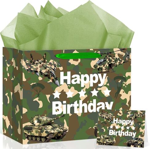Camouflage Birthday Gift Bag Army Party Supplies Gift Bag with Wrapping Paper and Card Large Camouflage Christmas Birthday Party Wrapping Paper Bag with Handle Army Camo Party Decorations for Boy Girl in Saudi Arabia