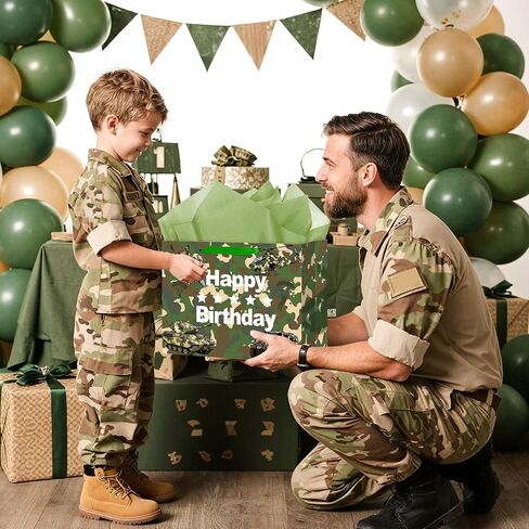 Camouflage Birthday Gift Bag Army Party Supplies Gift Bag with Wrapping Paper and Card Large Camouflage Christmas Birthday Party Wrapping Paper Bag with Handle Army Camo Party Decorations for Boy Girl in Saudi Arabia