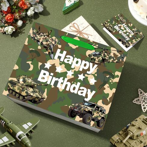 Camouflage Birthday Gift Bag Army Party Supplies Gift Bag with Wrapping Paper and Card Large Camouflage Christmas Birthday Party Wrapping Paper Bag with Handle Army Camo Party Decorations for Boy Girl in Saudi Arabia