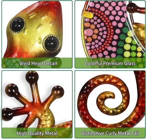 HONGLAND Metal Gecko Wall Art- 15 Inch Lizard Outdoor Decor Hanging Glass Sculpture, 2 Pack Gecko Wall Art Decorations for Garden Fence Home (Green&Orange) in Kuwait