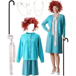 7 Pcs Halloween Old Lady Costume Set Old Lady Dress Sweater Granny Wig Glasses Cane Necklace Grandma Scarf for Women in Kuwait