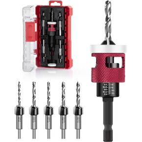 Countersink Drill Bit Set - 5 Pcs Countersink Drill Bit with Low Friction Depth Stop, Replaceable HSS M2 Tapered Bits, Carbide Drill Bits 1/4" Hex Shank for Woodworking Tools & Hand Tools in Saudi Arabia