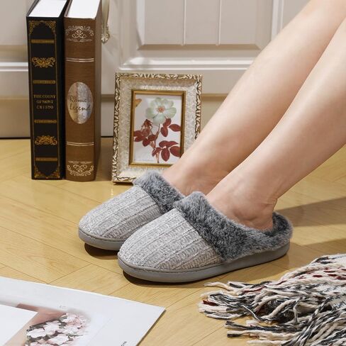 shoeslocker Womens Memory Foam Fuzzy Slippers Knitted House Slippers for Women Comfy Slip-On Warm House Shoes in Saudi Arabia