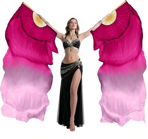 Women's Belly Dance Faux Silk Fans 1 Pair Dancing Long Bamboo Fans Veils for Dance Performances Length 180cm Width 90cm in Saudi Arabia