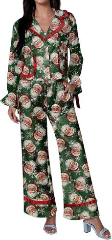 Argeousgor Christmas Pajamas for Women Bow Tie Long Sleeve Shirt Pants Satin Silk Funny Graphic 2 Piece Pjs Set Sleepwear in Kuwait